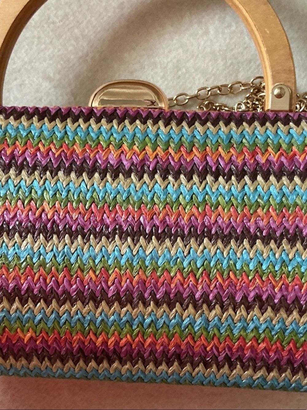 Multicolor Knit Clutch with Gold Handle and Chain Strap